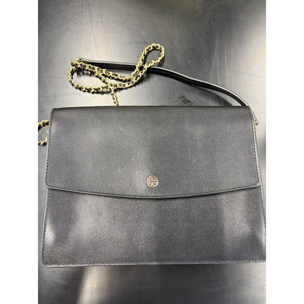 Tory Burch Black Leather Crossbody Bag Gold Chain Strap Flap Messenger